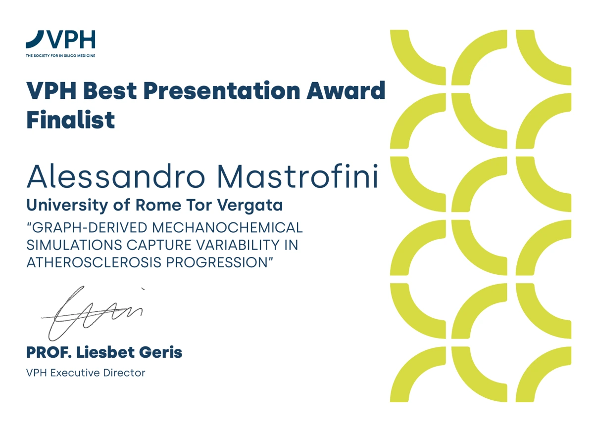 VPH Best Presentation Award finalist certificate awarded to Alessandro Mastrofini