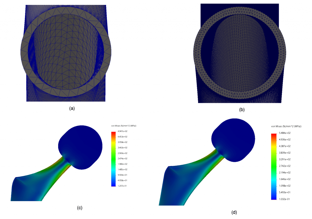 Fig. 3: Comparison of horizontal load with coarse and fine mesh. With the raw mesh (left) the thickness of 0.9 mm was within the project specifications, however it is evident that by refining the mesh (right) the more precise results show an exceeding of the limit. The following analyzes use this fine mesh.