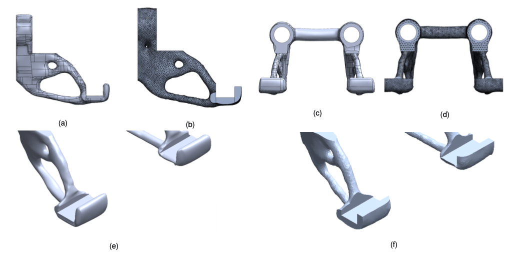 Fig. 8: Rifinitura. Vista laterale: rifinito (a) e originale (b); vista frontale: rifinito (c) e originale (d); ingrandimento sul gancio: rifinito (e) e originale (f)