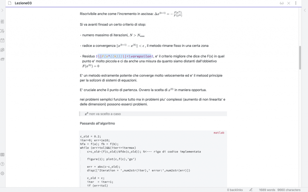 Example extracted from a lesson in the Numerical Fluid Dynamics course where you can see plain text, Latex text and a snippet of Matlab code.